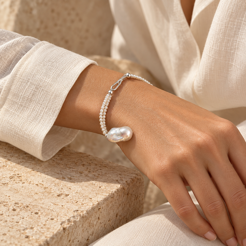 Model wearing the White Tide baroque pearl bracelet