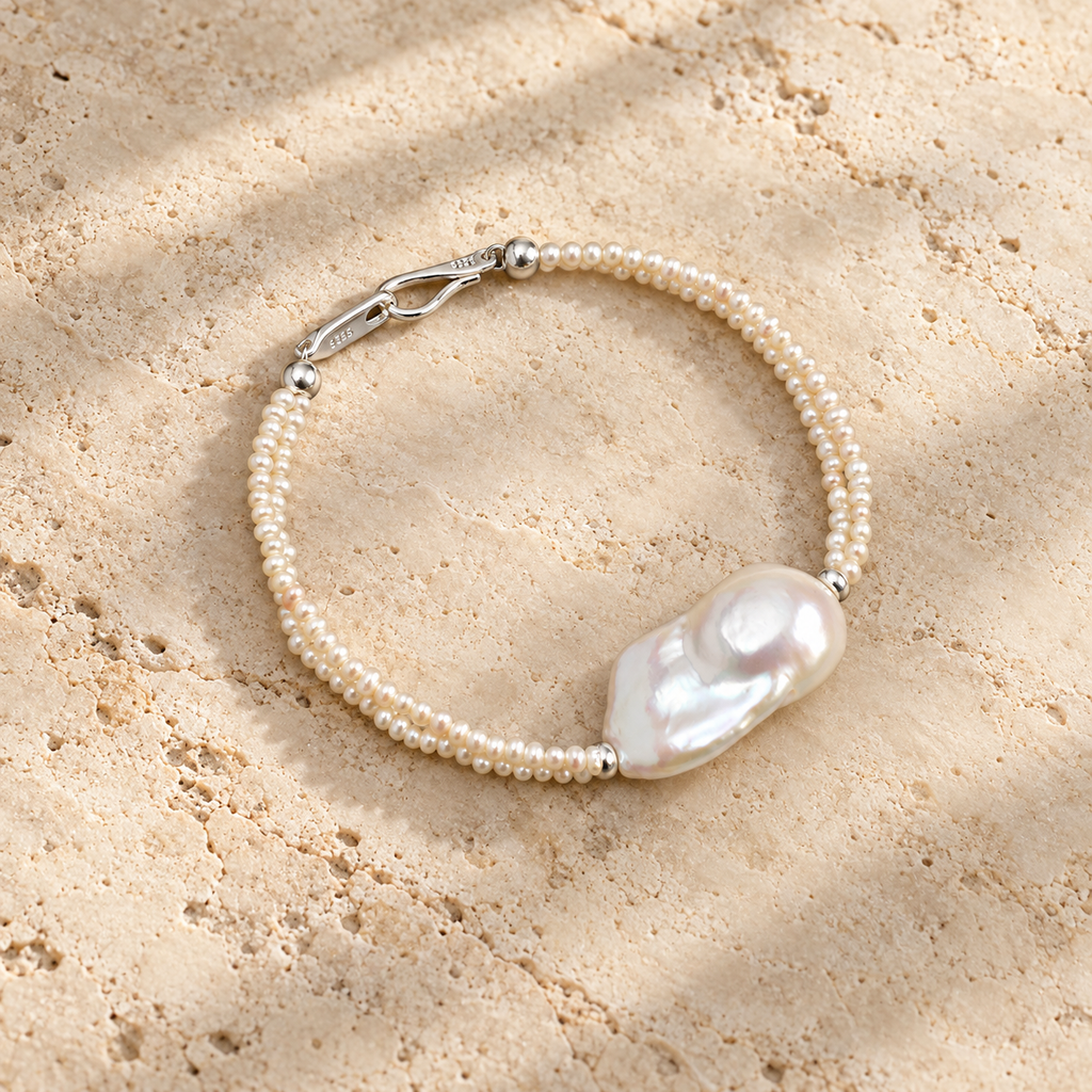 White Tide baroque pearl double-strand bracelet studio view