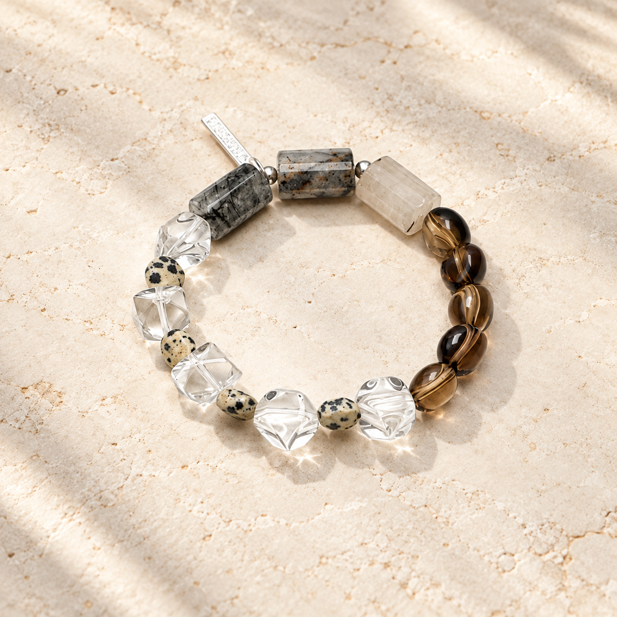 Clear Edge crystal and smoky quartz bracelet studio view