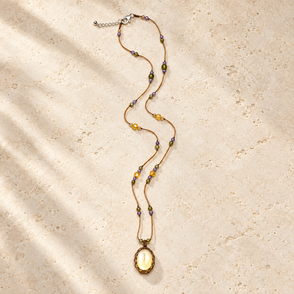 Golden Citrine handmade cord necklace studio view