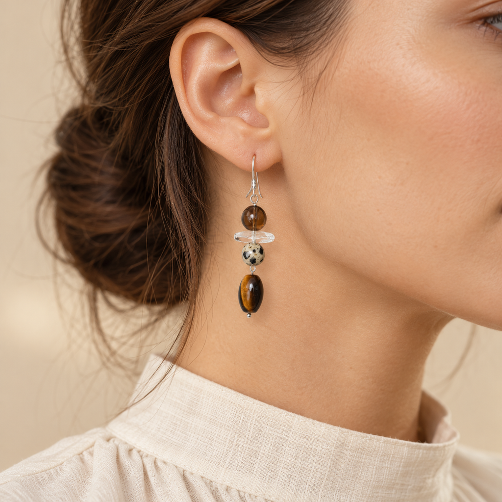 Autumn Spirit crystal and tiger eye earring worn by model