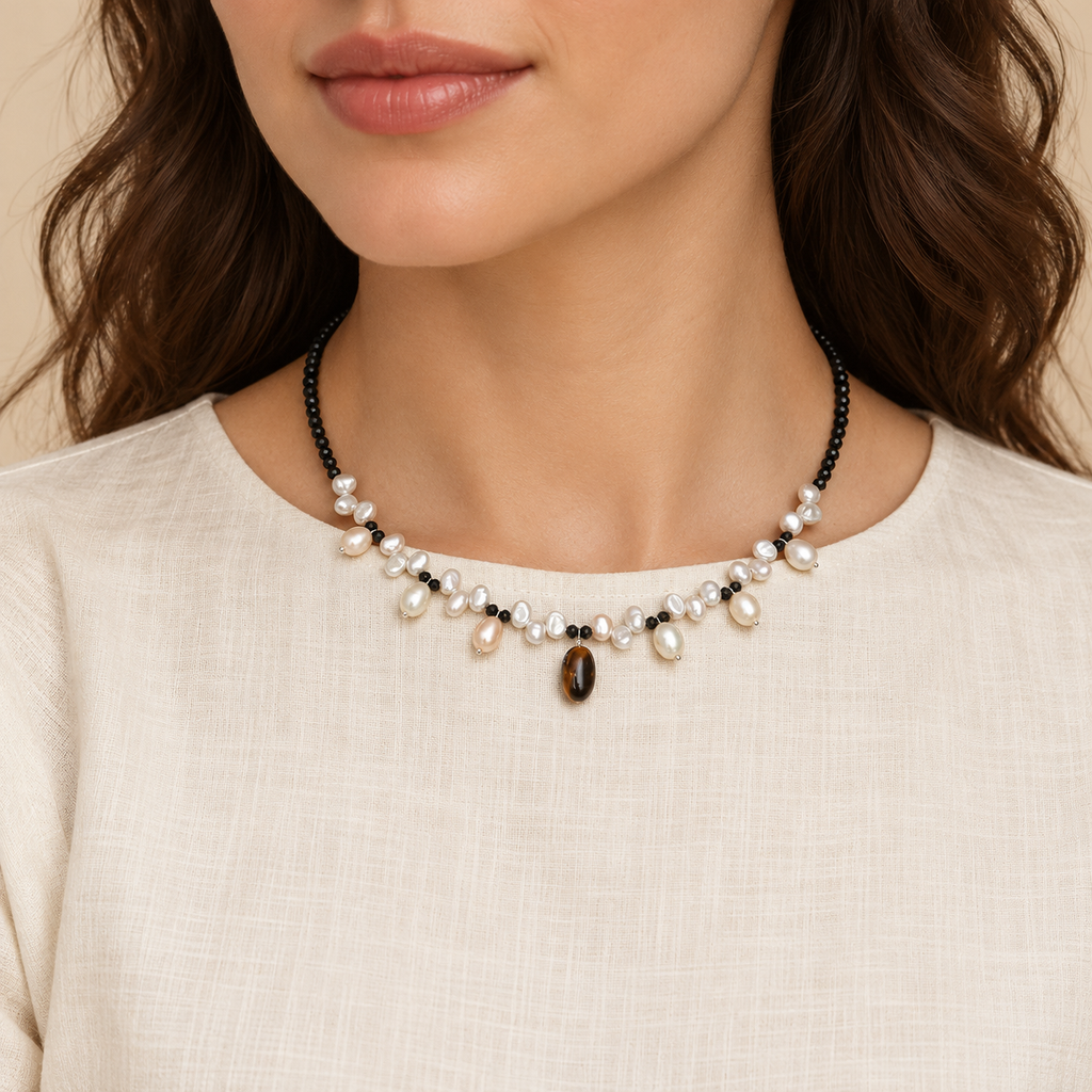 Midnight Ripple necklace worn by model