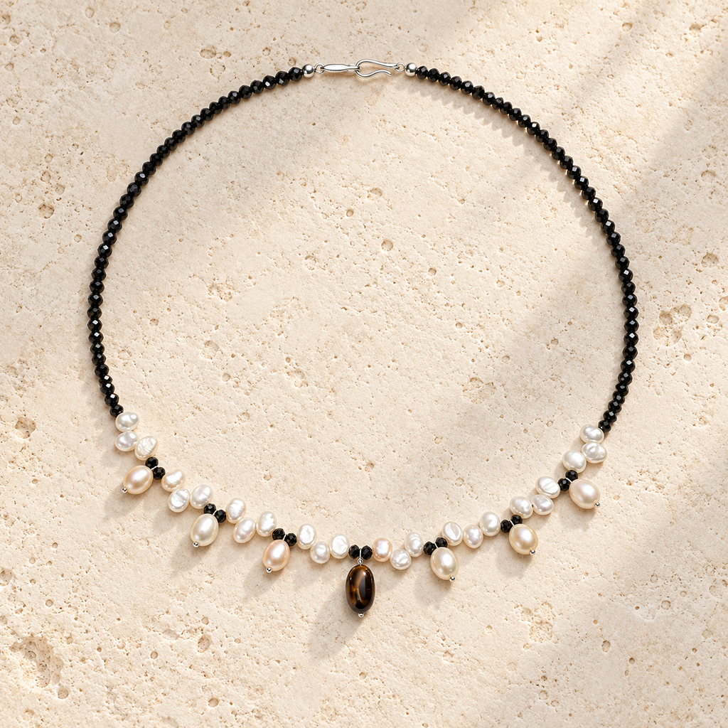 Midnight Ripple pearl tourmaline and tiger eye necklace on warm ivory stone