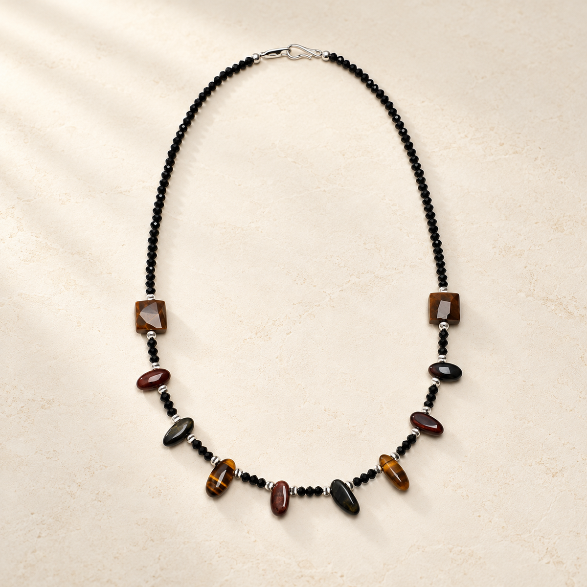 Obsidian Glow tiger's eye and black tourmaline necklace studio view