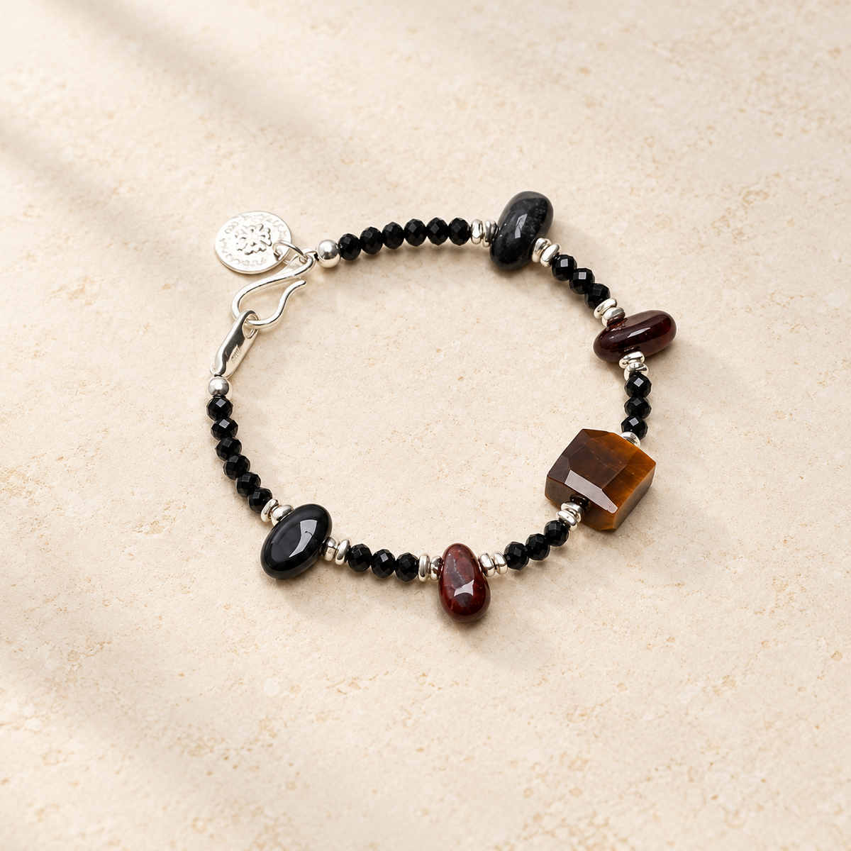 Obsidian Glow tiger's eye and black tourmaline bracelet studio view