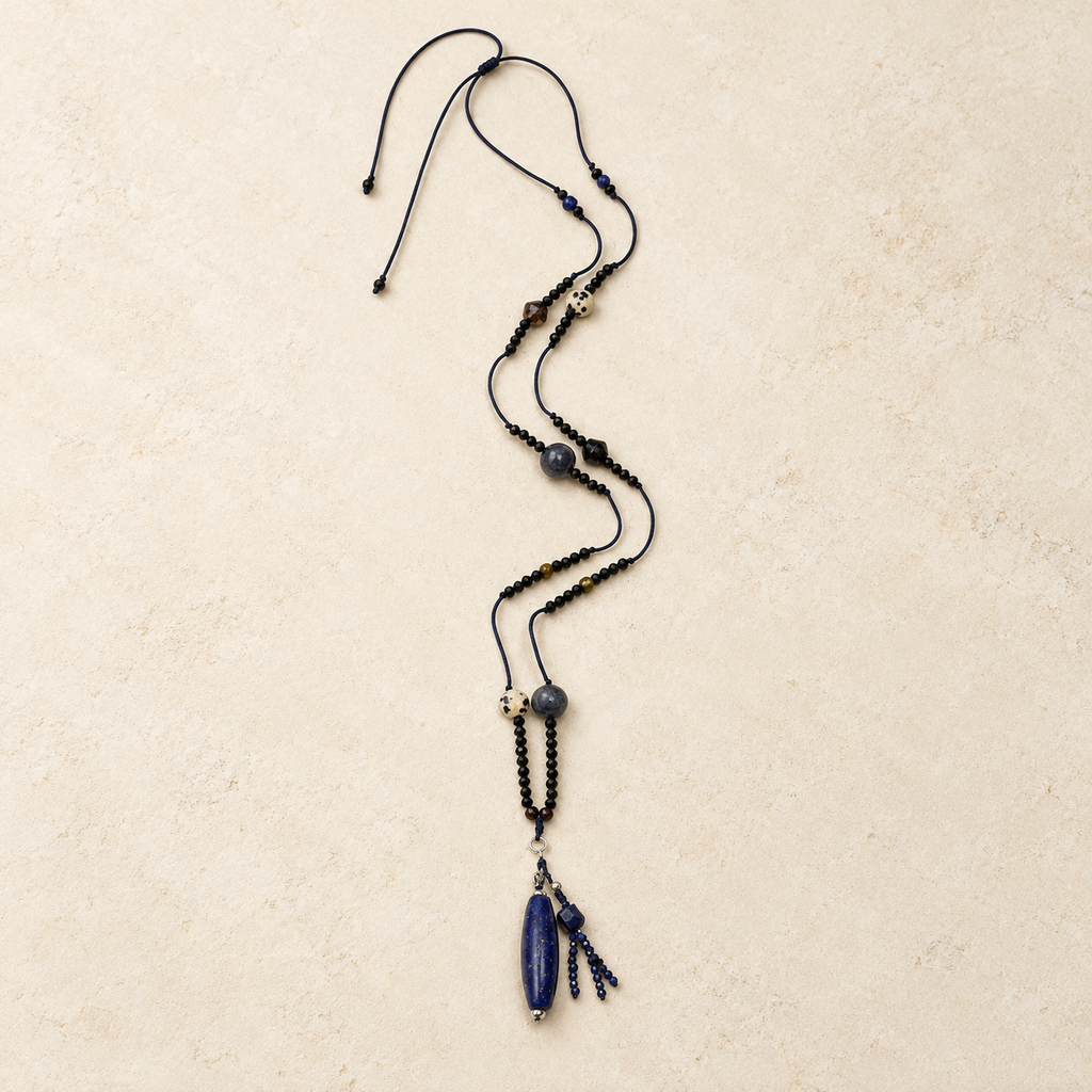 Blue Ember lapis lazuli multi-stone cord necklace studio view