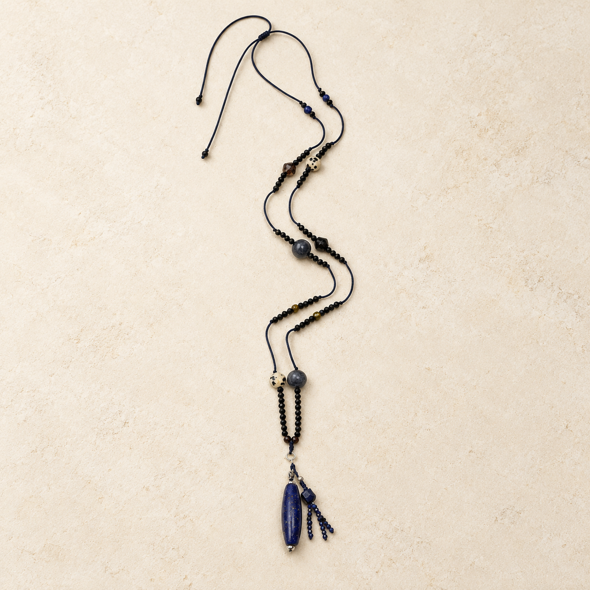 Blue Ember lapis lazuli multi-stone cord necklace studio view